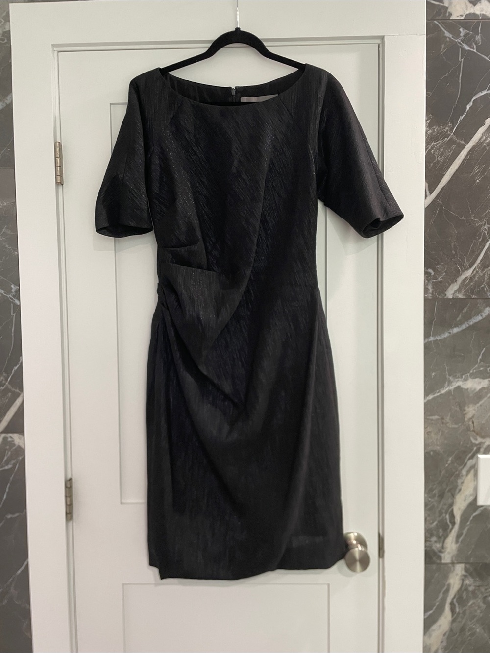 Lela Rose Black Metallic Boat Neck Short-Sleeve Cocktail Dress